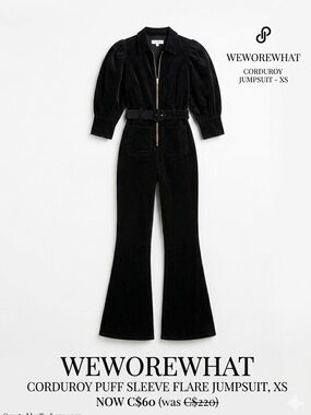 WeWoreWhat Corduroy Puff Sleeve Flare Jumpsuit | Black | XS